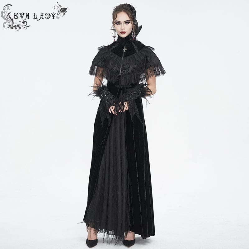 Women's Gothic Lace Splice Velvet Feather Cape