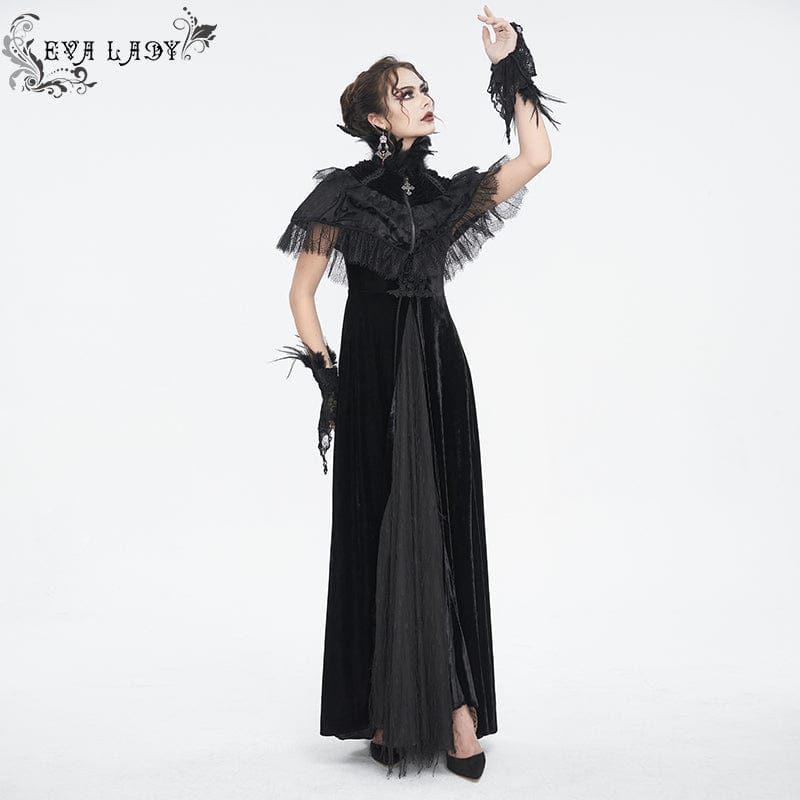 Women's Gothic Lace Splice Velvet Feather Cape