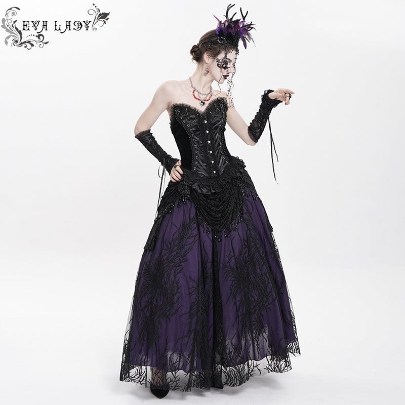 Women's Gothic Lace-up Beaded Lace Overbust Corset Black