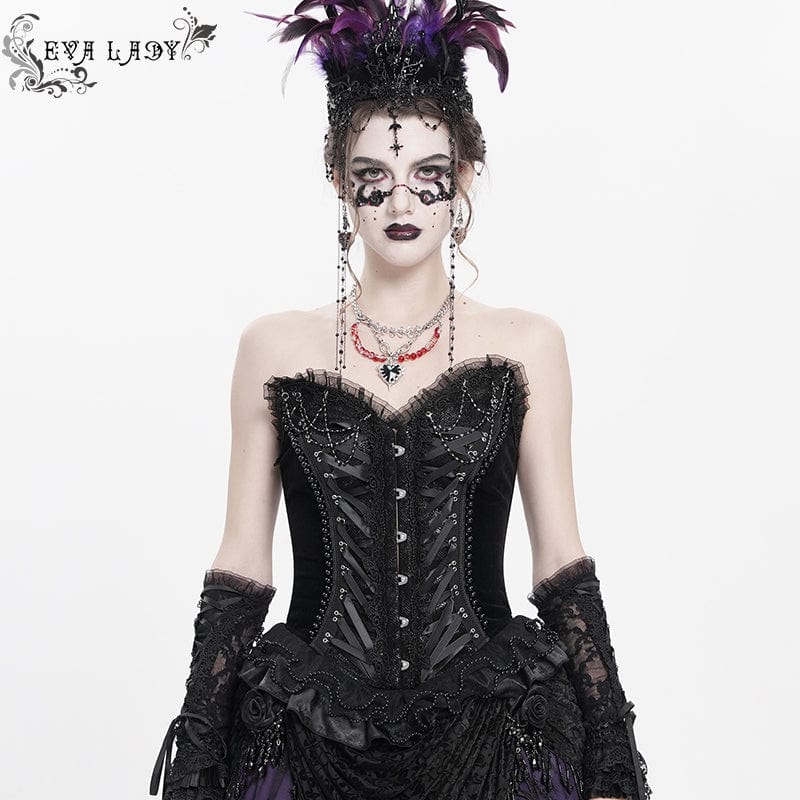 Women's Gothic Lace-up Beaded Lace Overbust Corset Black