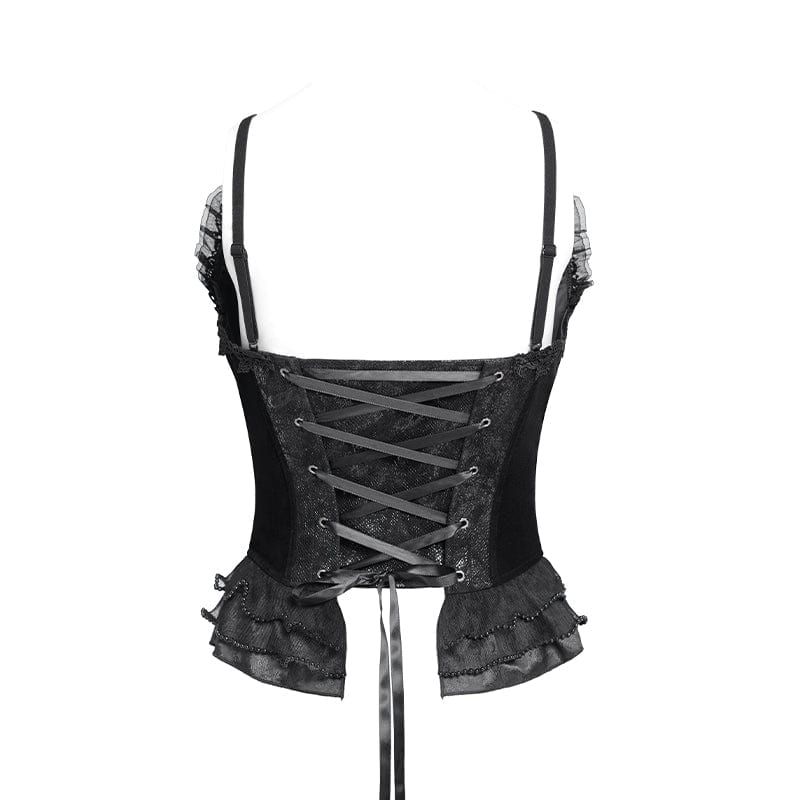 Women's Gothic Lace-up Beaded Lace Overbust Corset Black