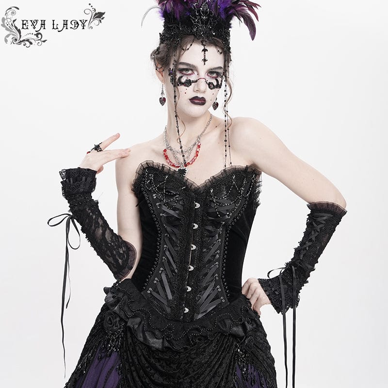 Women's Gothic Lace-up Beaded Lace Overbust Corset Black