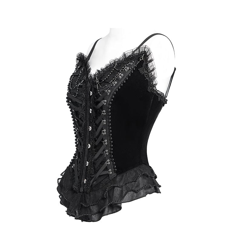 Women's Gothic Lace-up Beaded Lace Overbust Corset Black
