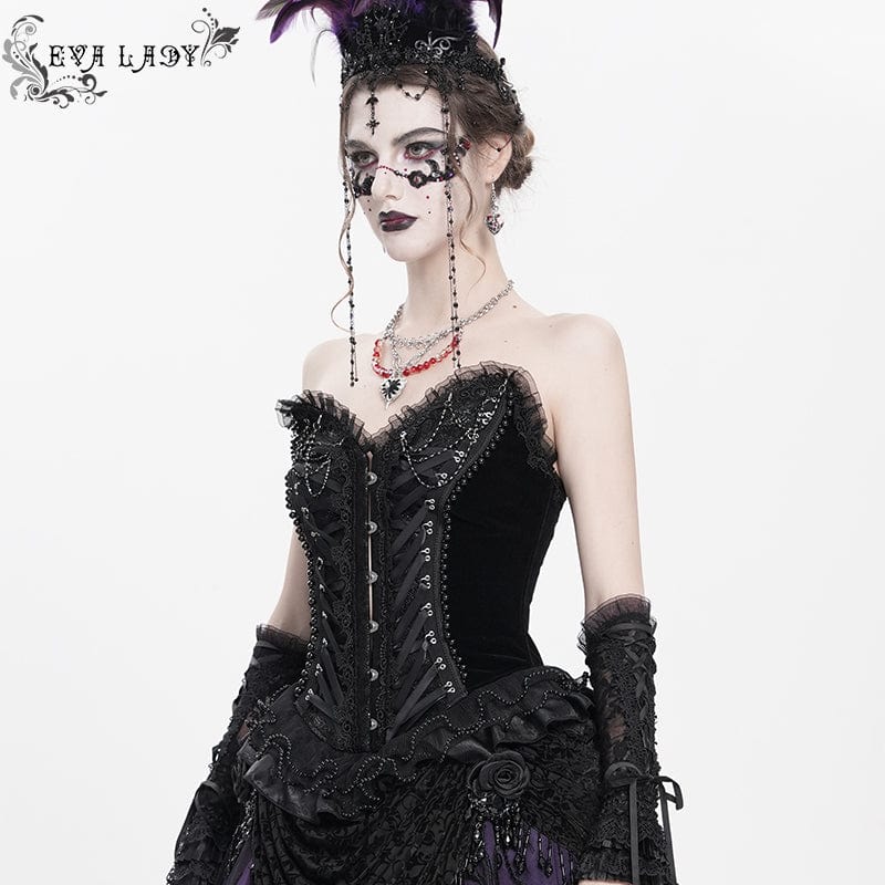 Women's Gothic Lace-up Beaded Lace Overbust Corset Black