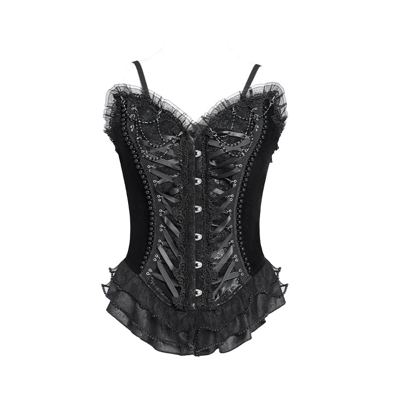 Women's Gothic Lace-up Beaded Lace Overbust Corset Black