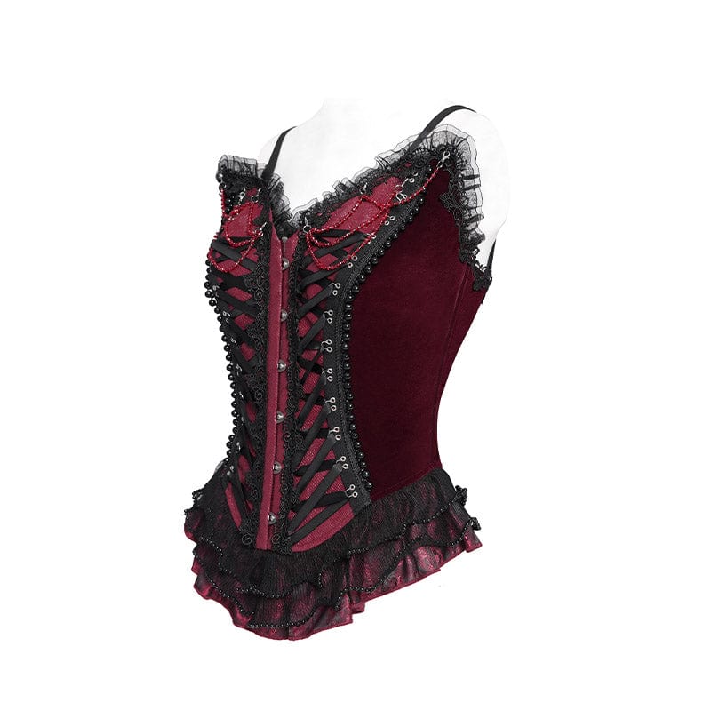 Women's Gothic Lace-up Beaded Lace Overbust Corset Red