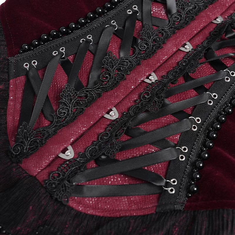 Women's Gothic Lace-up Beaded Lace Overbust Corset Red