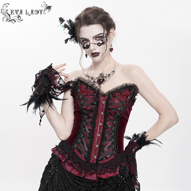 Women's Gothic Lace-up Beaded Lace Overbust Corset Red