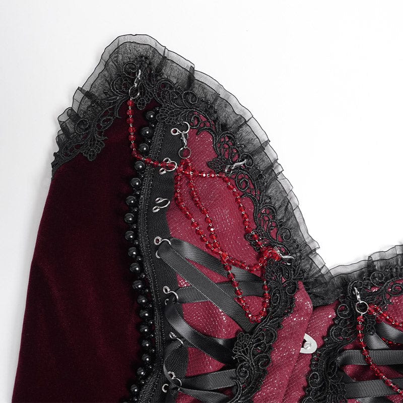 Women's Gothic Lace-up Beaded Lace Overbust Corset Red