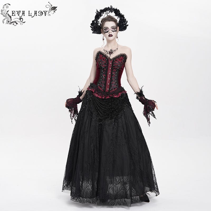 Women's Gothic Lace-up Beaded Lace Overbust Corset Red