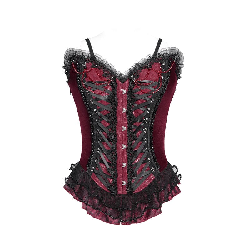 Women's Gothic Lace-up Beaded Lace Overbust Corset Red