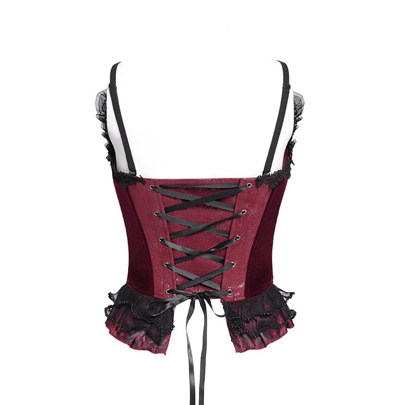Women's Gothic Lace-up Beaded Lace Overbust Corset Red