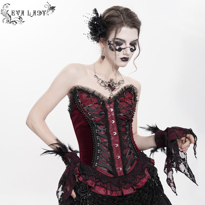 Women's Gothic Lace-up Beaded Lace Overbust Corset Red
