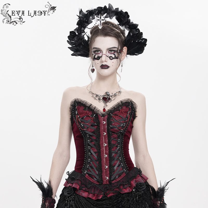 Women's Gothic Lace-up Beaded Lace Overbust Corset Red