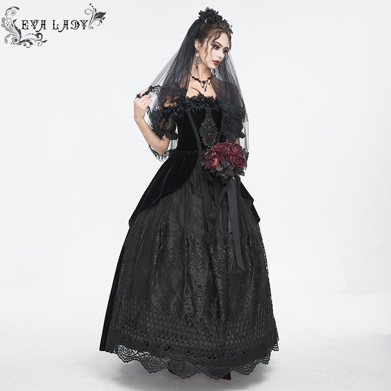 Women's Gothic Off Shoulder Rose Beaded Velvet Black Wedding Dress