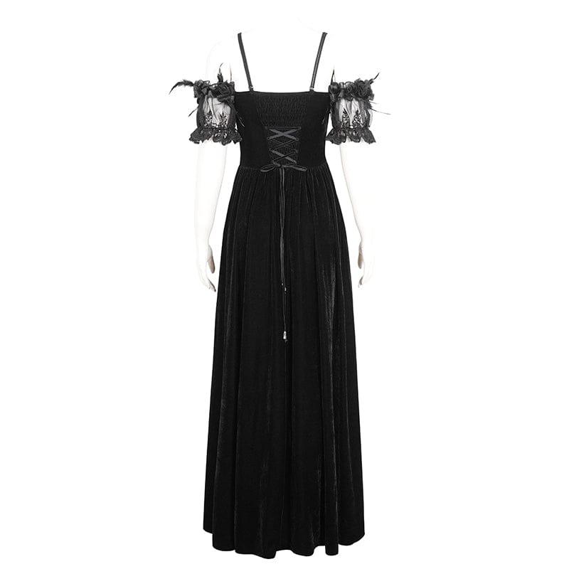 Women's Gothic Off Shoulder Rose Beaded Velvet Black Wedding Dress