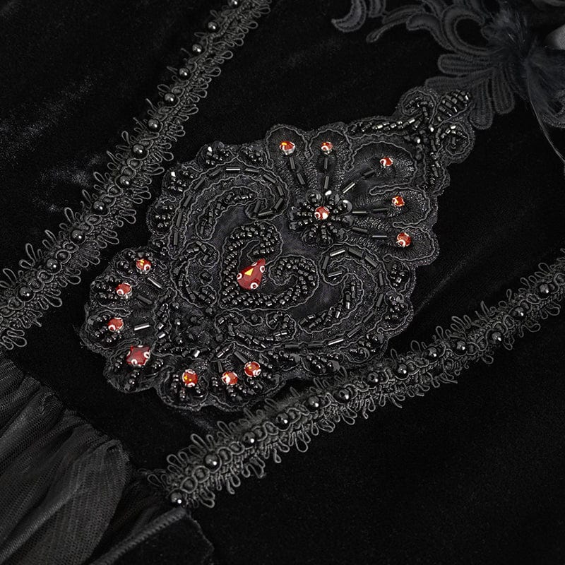 Women's Gothic Off Shoulder Rose Beaded Velvet Black Wedding Dress