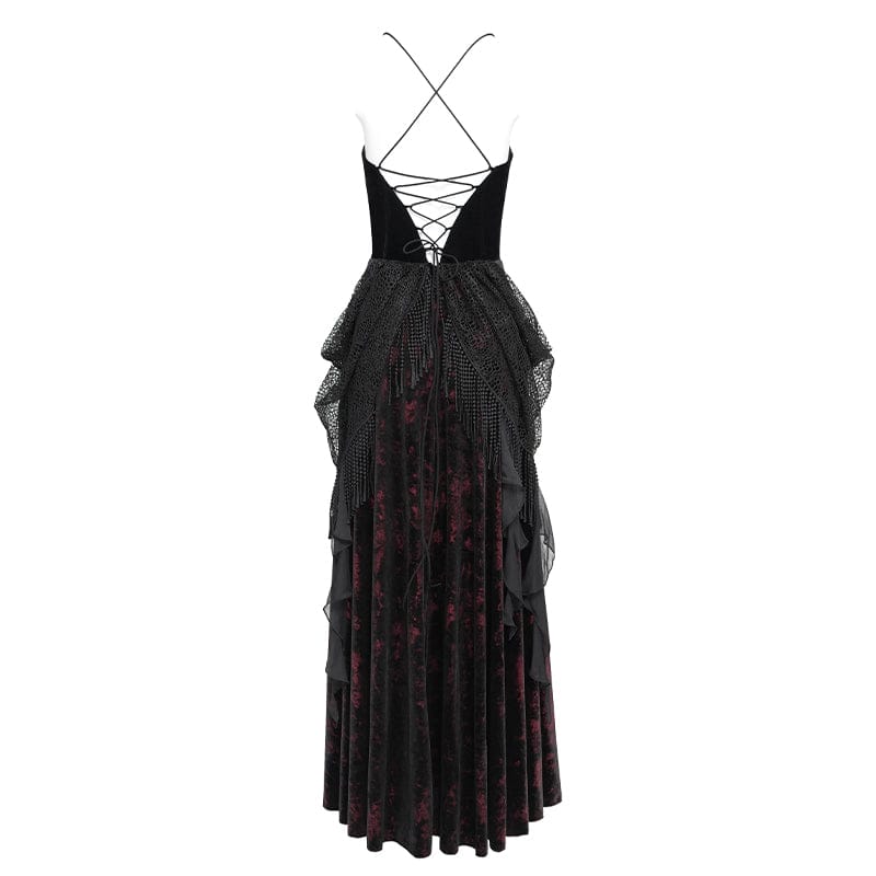 Women's Gothic Printed Tassels Lace-up Slip Dress