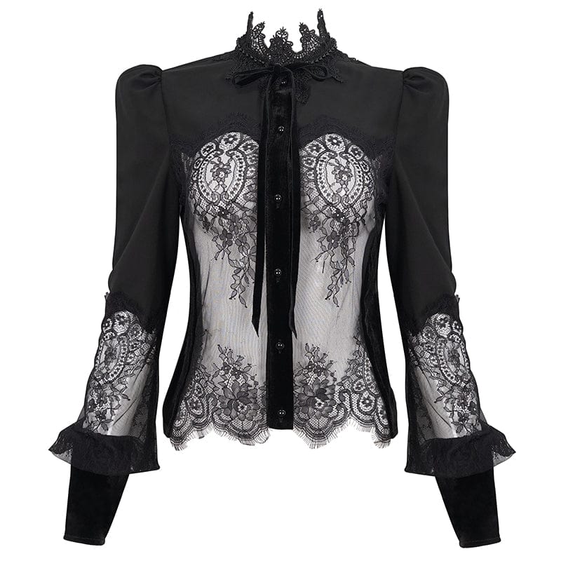 Women's Gothic Puff Sleeved Lace Shirt with Bow Tie