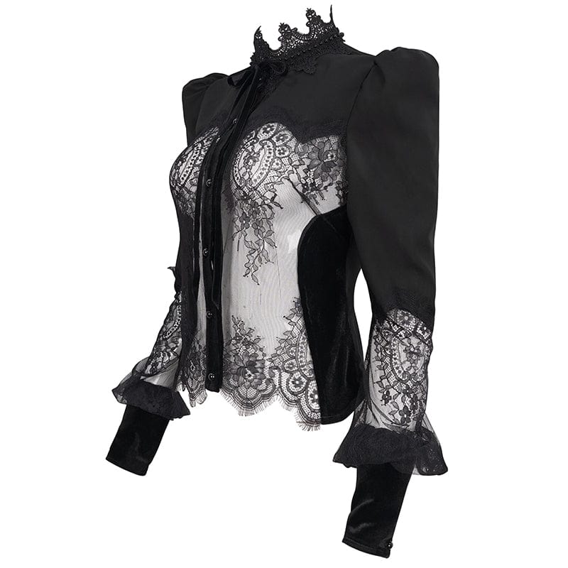 Women's Gothic Puff Sleeved Lace Shirt with Bow Tie