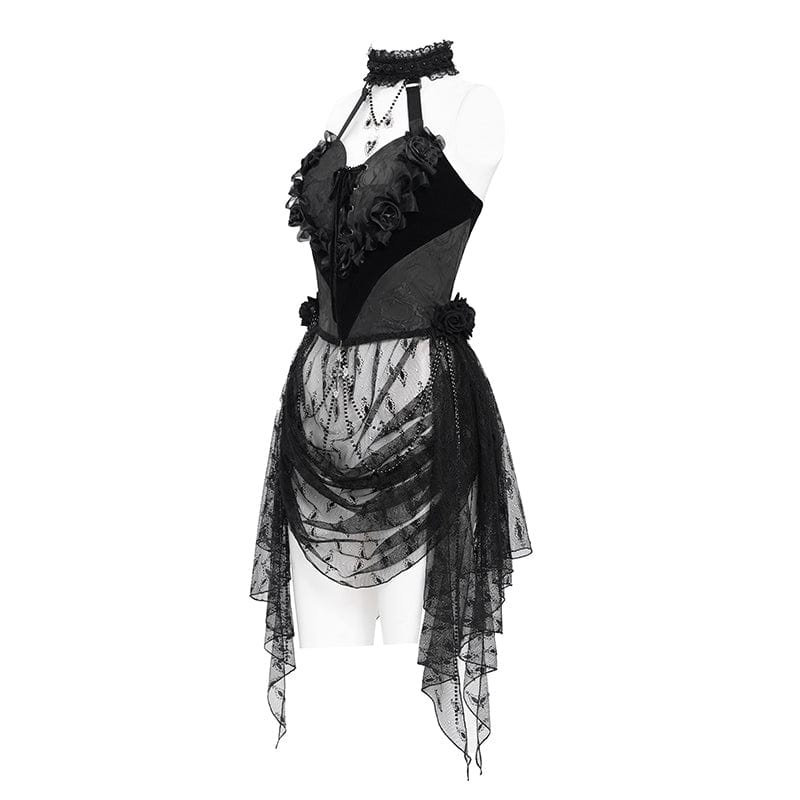 Women's Gothic Rose Heart Lace Splice Halterneck Shirt Black