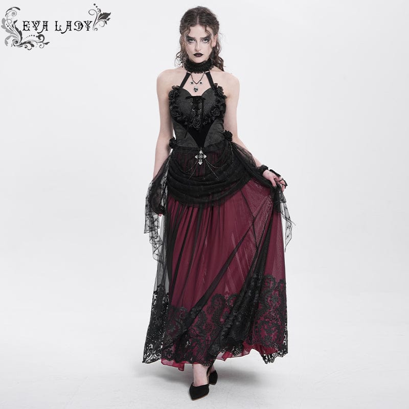 Women's Gothic Rose Heart Lace Splice Halterneck Shirt Black