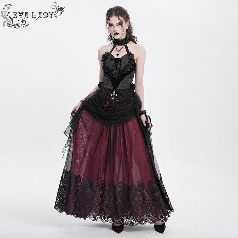 Women's Gothic Rose Heart Lace Splice Halterneck Shirt Black