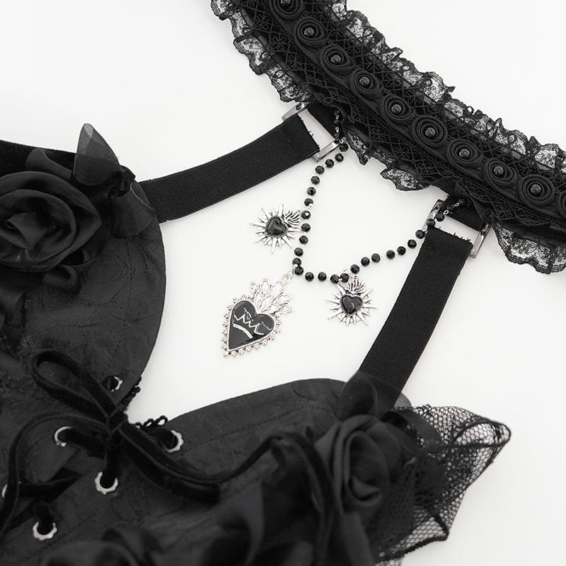 Women's Gothic Rose Heart Lace Splice Halterneck Shirt Black