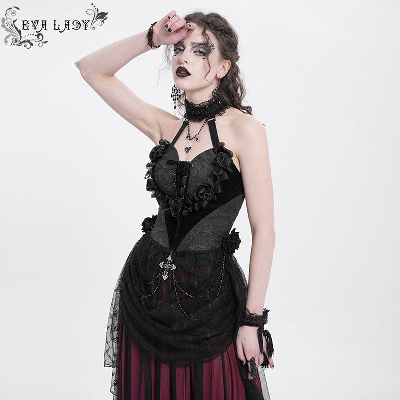 Women's Gothic Rose Heart Lace Splice Halterneck Shirt Black
