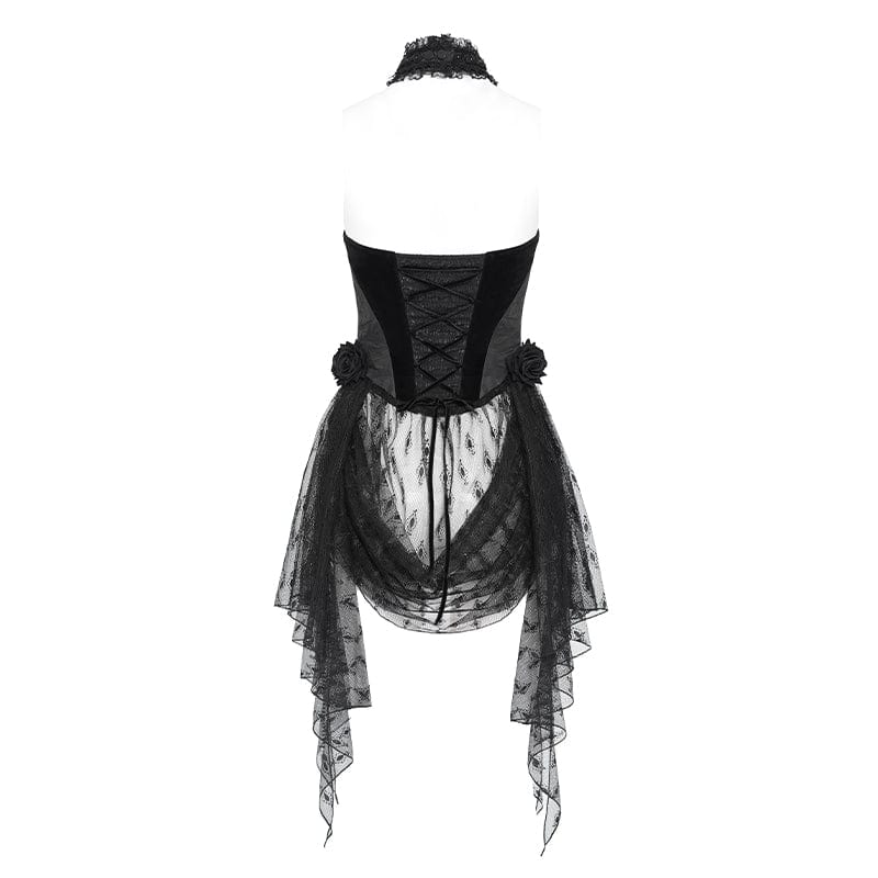 Women's Gothic Rose Heart Lace Splice Halterneck Shirt Black