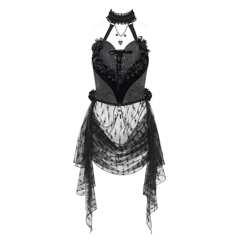 Women's Gothic Rose Heart Lace Splice Halterneck Shirt Black