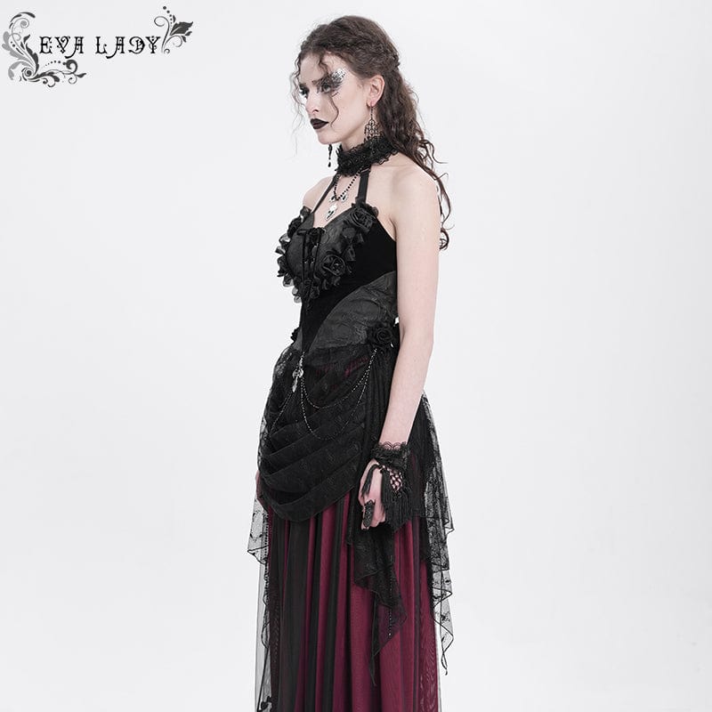 Women's Gothic Rose Heart Lace Splice Halterneck Shirt Black