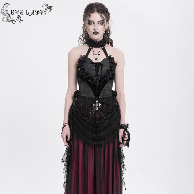 Women's Gothic Rose Heart Lace Splice Halterneck Shirt Black