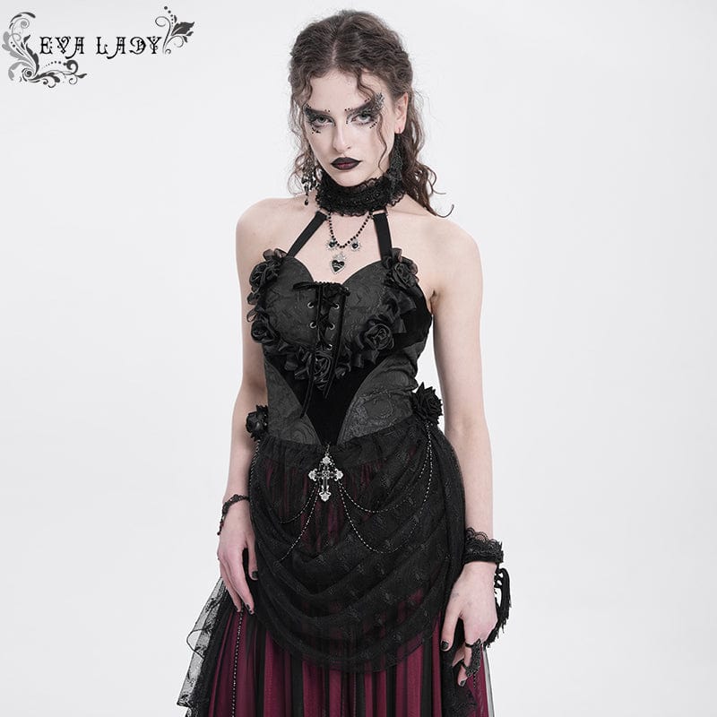 Women's Gothic Rose Heart Lace Splice Halterneck Shirt Black
