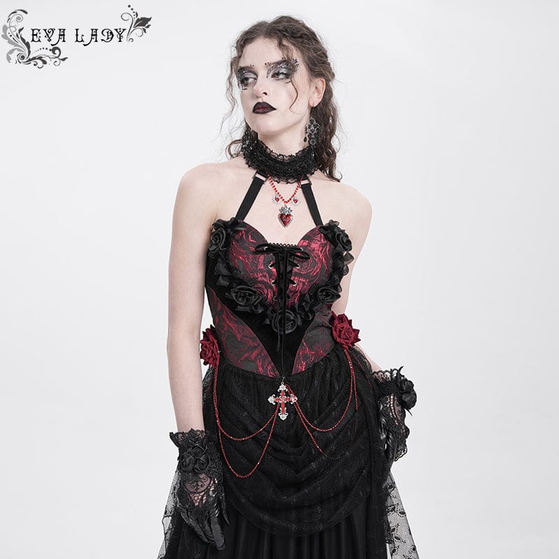 Women's Gothic Rose Heart Lace Splice Halterneck Shirt Red