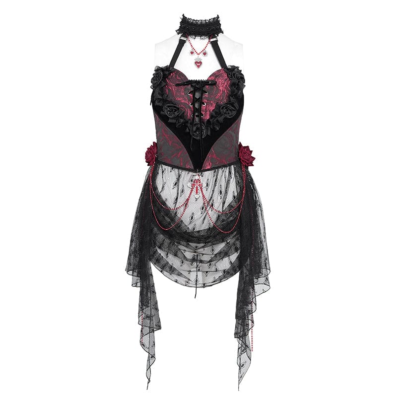 Women's Gothic Rose Heart Lace Splice Halterneck Shirt Red