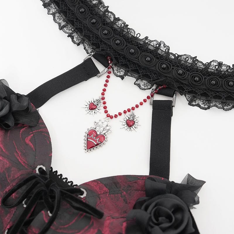 Women's Gothic Rose Heart Lace Splice Halterneck Shirt Red