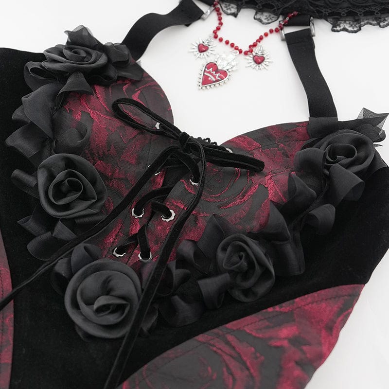 Women's Gothic Rose Heart Lace Splice Halterneck Shirt Red