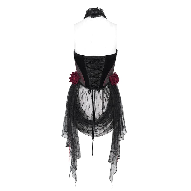 Women's Gothic Rose Heart Lace Splice Halterneck Shirt Red