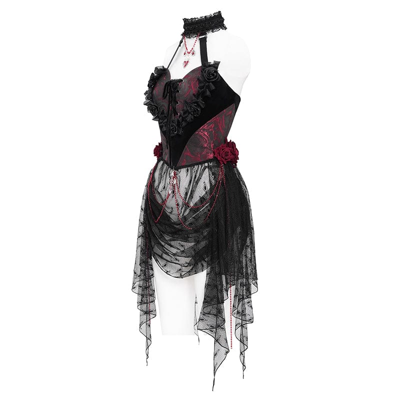 Women's Gothic Rose Heart Lace Splice Halterneck Shirt Red
