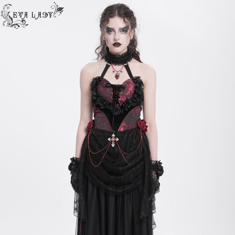 Women's Gothic Rose Heart Lace Splice Halterneck Shirt Red