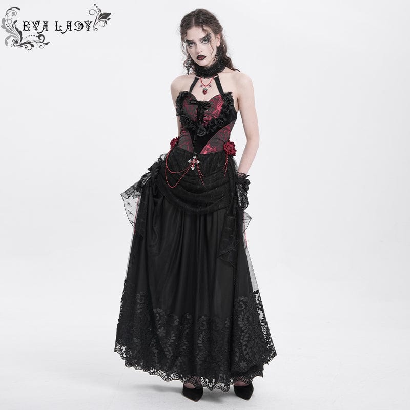Women's Gothic Rose Heart Lace Splice Halterneck Shirt Red