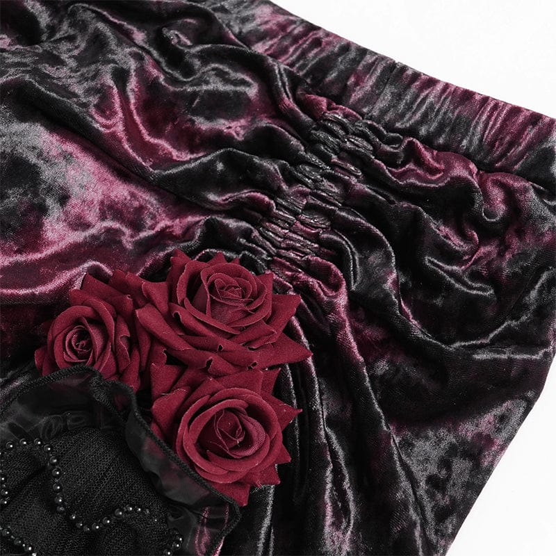 Women's Gothic Rose Lace-up Irregular Hem Skirt Black-Red