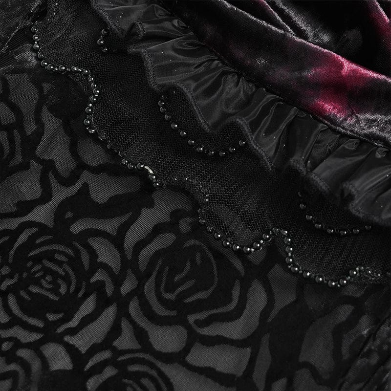 Women's Gothic Rose Lace-up Irregular Hem Skirt Black-Red