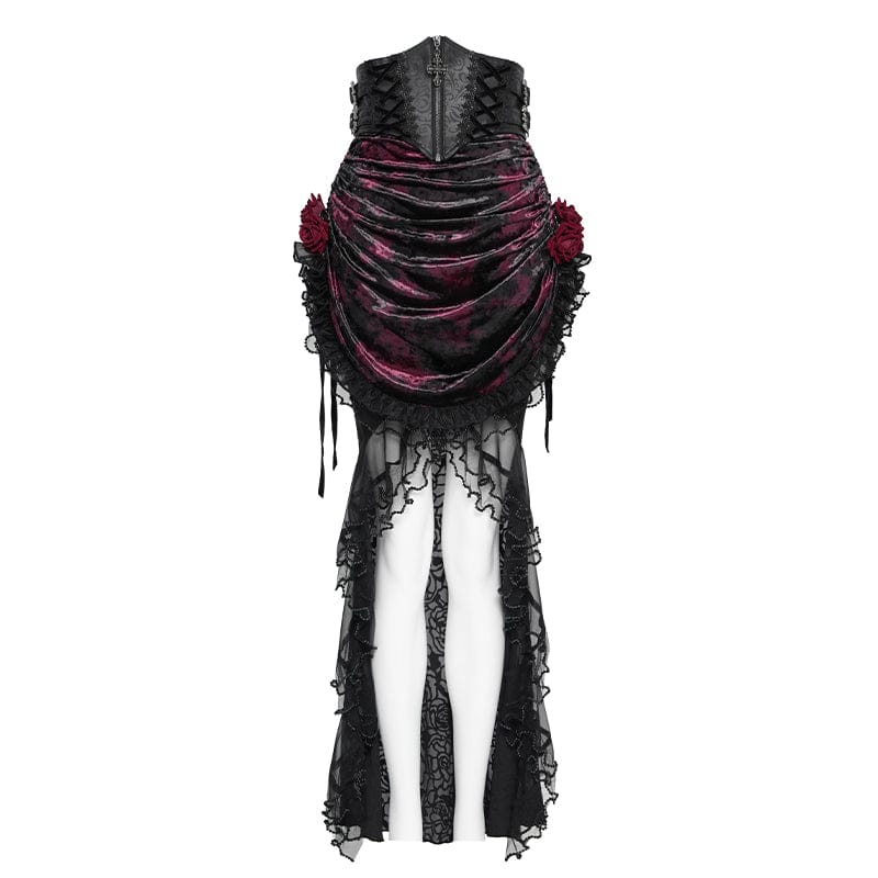 Women's Gothic Rose Lace-up Irregular Hem Skirt Black-Red