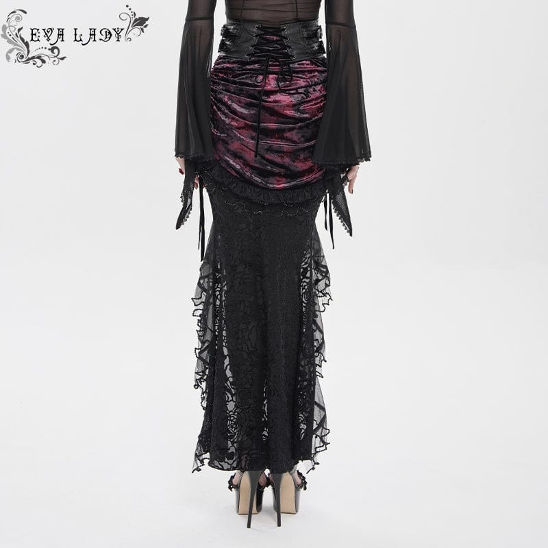 Women's Gothic Rose Lace-up Irregular Hem Skirt Black-Red