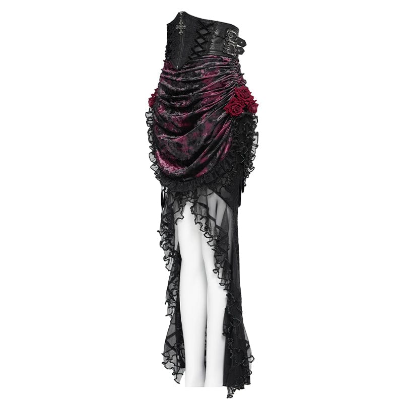 Women's Gothic Rose Lace-up Irregular Hem Skirt Black-Red