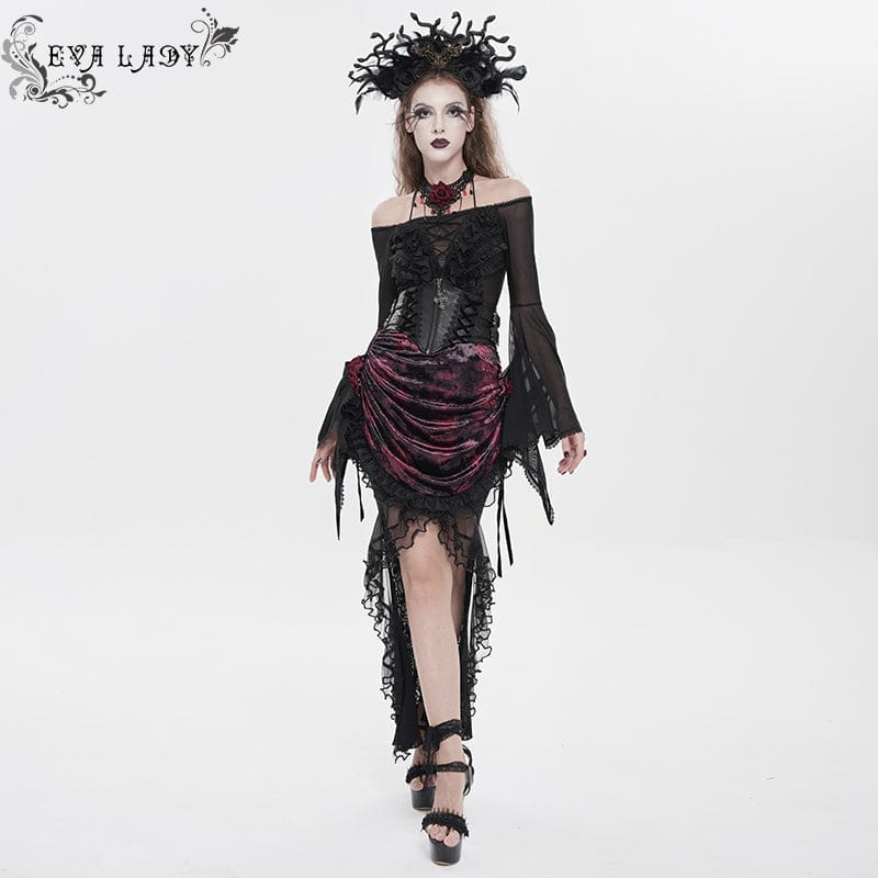 Women's Gothic Rose Lace-up Irregular Hem Skirt Black-Red
