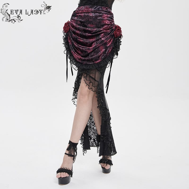Women's Gothic Rose Lace-up Irregular Hem Skirt Black-Red