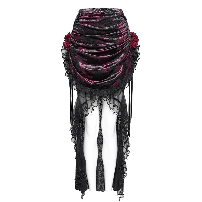 Women's Gothic Rose Lace-up Irregular Hem Skirt Black-Red